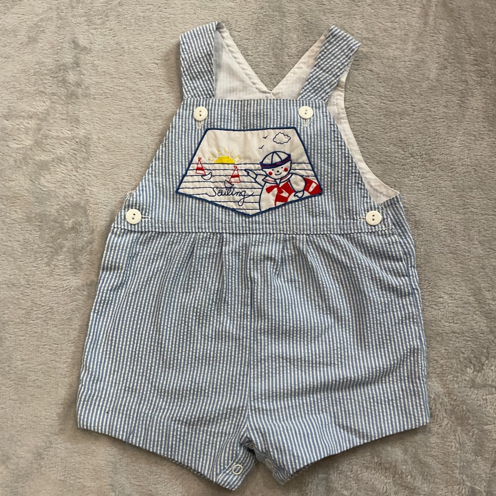 Vintage Blue White Seersucker Nautical Sailing Shortalls 24 Months Pinstripe